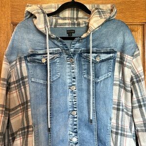 Coco and Carmen OMG Hooded Denim Jean Jacket with Plaid Flannel